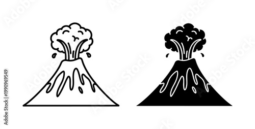 Volcano eruption line and silhouette icon set