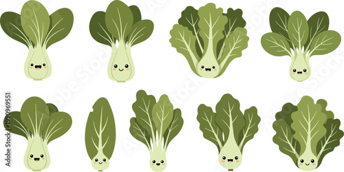 Cute Bok Choy Cartoon Vegetable Vector Set with Smiling Leafy Greens Characters for Kids Food Design, Healthy Nutrition Illustration, and Organic Farming Graphics