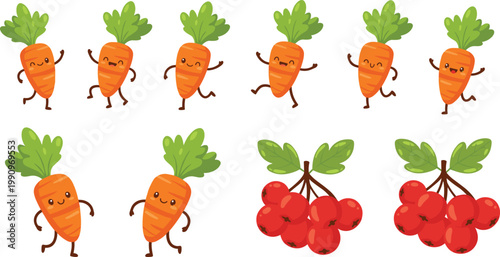 Vector illustration of cartoon carrots with smiling faces and berries in cheerful, playful food design