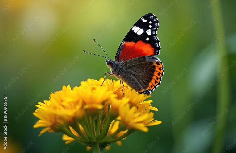 Obraz premium Red admiral butterfly rests on bright yellow flower. Insect with orange black white wings lands on flora. Nature scene, macro view, summer day, garden background.