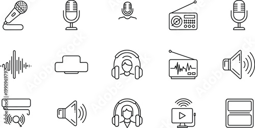 Professional Studio Sound Icon Set with Retro Microphones Headphones Radio Receivers and Digital Audio Waveform Graphics for Media