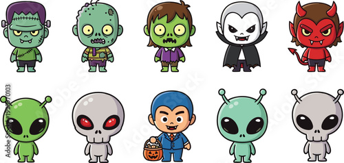 Cute kawaii Halloween monster cartoon character set with Frankenstein, zombie, vampire, devil, alien, skull, and trick or treat on white background