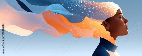 Abstract digital silhouette of a woman dissolving into colorful particles, symbolizing creativity and imagination