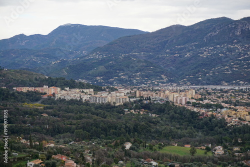 view from the top of the mountain of the town of carros, southern france