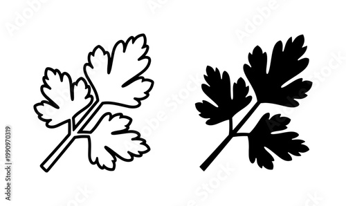 Bild auf Leinwand Parsley leaf outline and black silhouette vector icons