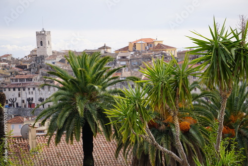 panoramic view of Vence, southern france with the old  town and palm trees