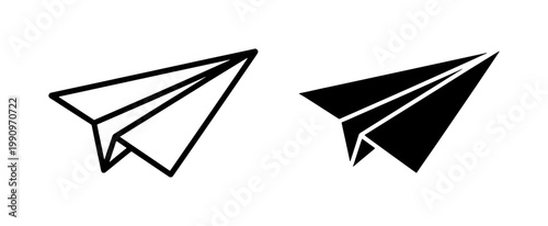 Paper plane black outline and solid silhouette icons