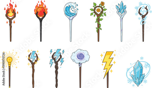 Vector illustration of magical staffs and wands with elemental designs including fire, water, ice, lightning and crystal