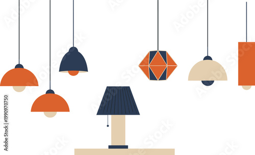 Vector illustration of modern lamp designs including pendant lights and table lamp in geometric and dome styles