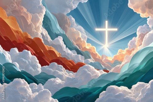 Radiant cross above colorful clouds with sun rays - spiritual Christian heaven light scene