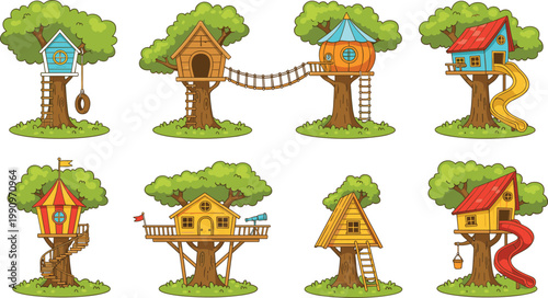 Vector illustration of playful treehouses with slides, rope bridges, swings and spiral staircases in outdoor design