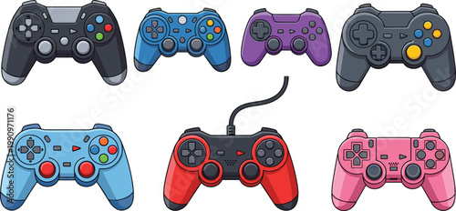 Colorful video game controller joystick cartoon set with black, blue, purple, gray, red, and pink gamepad designs on white background