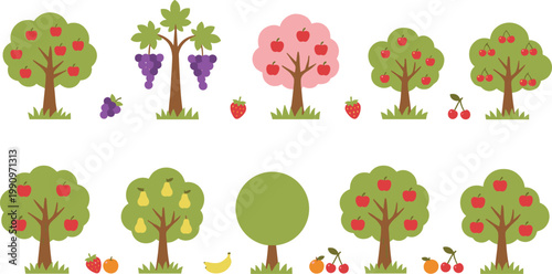 Vector illustration of stylized fruit trees with apples, grapes, cherries, pears, and corresponding fruits in colorful design