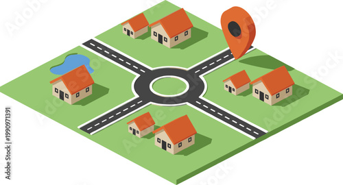 Vector illustration of suburban neighborhood map with houses, roundabout, pond and location pin in navigation design