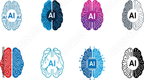 Artificial intelligence AI brain circuit logo icon set in multiple colors with digital chip and technology concept design on white background