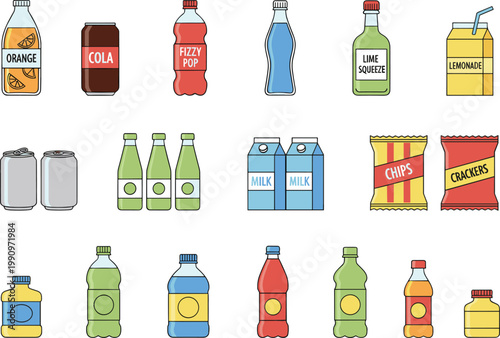 Vector illustration of beverage and snack packaging including bottles, cans, cartons and bags in colorful design