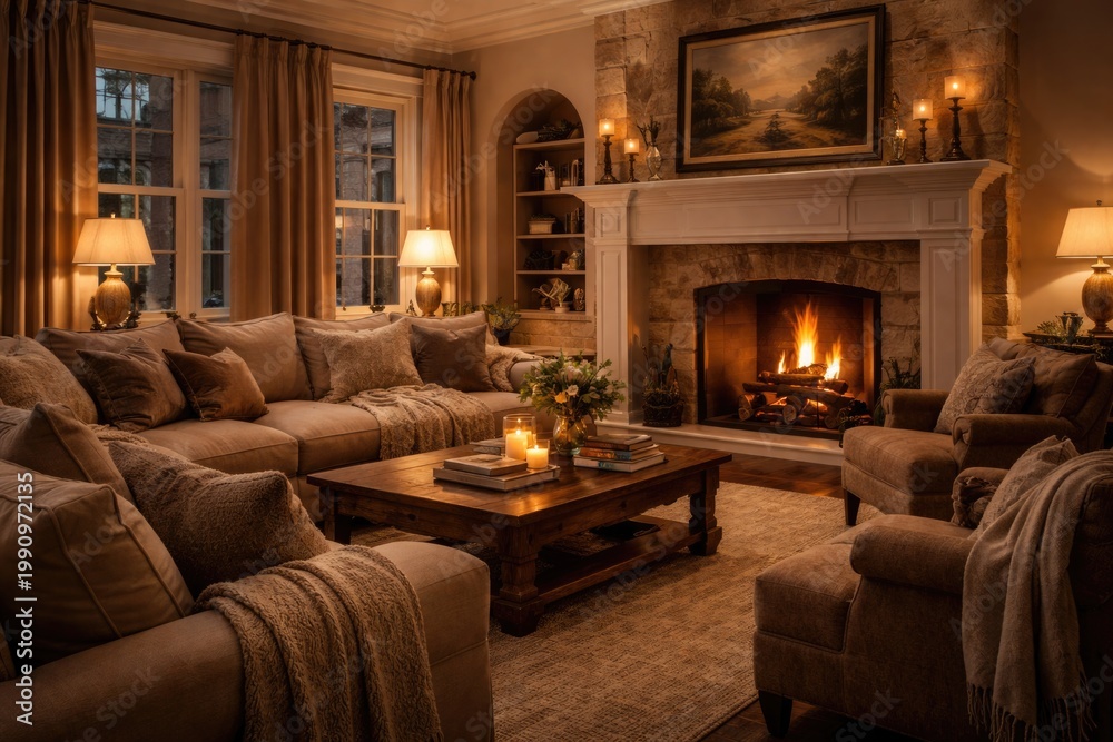 Naklejka premium relaxing lounge space with a traditional fireplace and cushy furniture