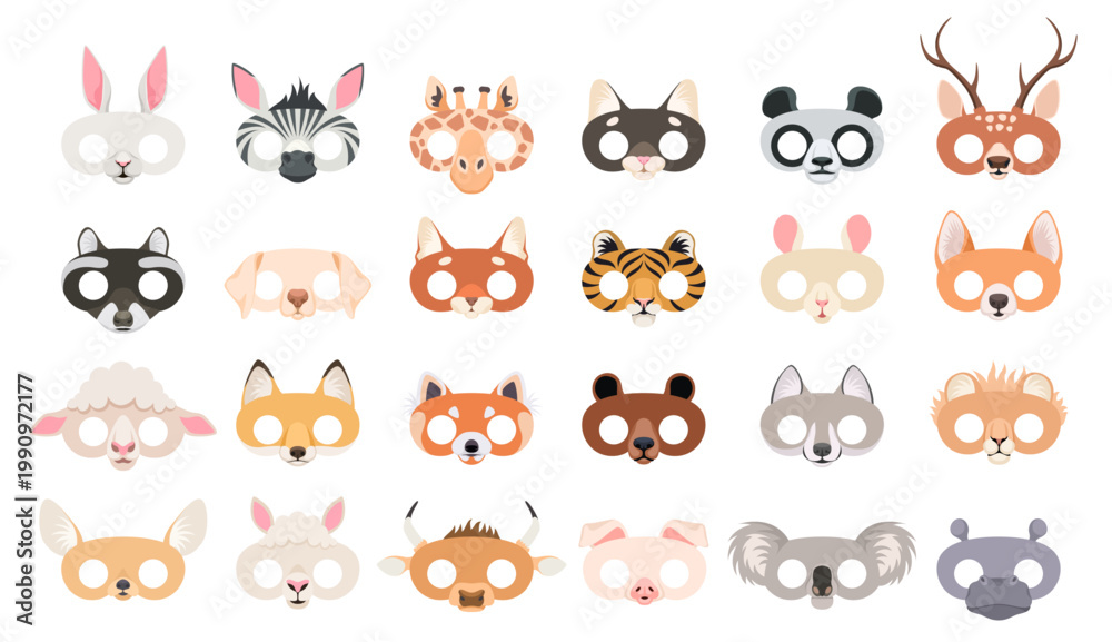 Fototapeta premium Cute animal mask set for kids, colorful cartoon faces including bear, owl, cat, fox and more, isolated on white background