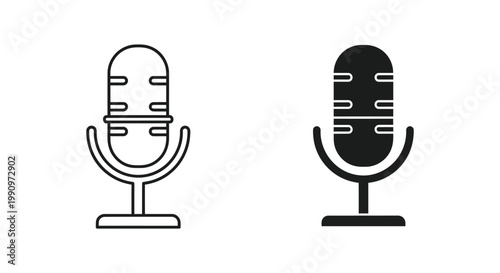 Vintage studio microphone icon set in flat vector line art and solid black style for audio