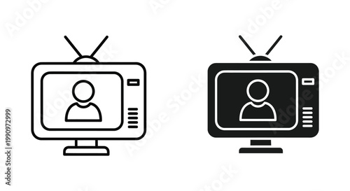 Television monitor with person on screen icon set in flat vector line art and solid black