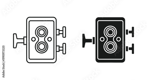 Vintage twin lens reflex camera icon set in outline and solid black vector style
