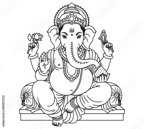 Ganesha elephant god sitting. Holds lotus and sweet. Symbol of wisdom and new beginnings.