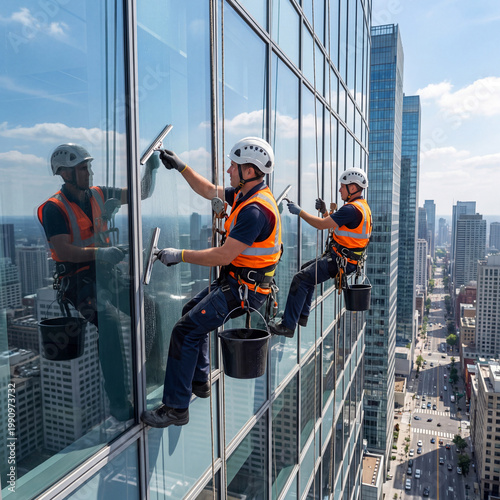 Professional window washers at work on a tall office building