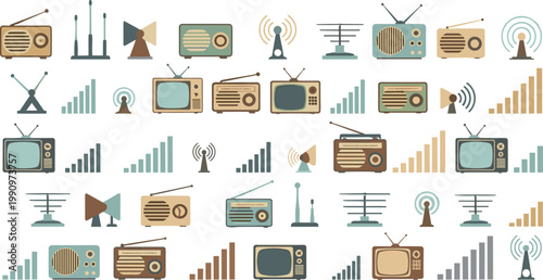 Broadcast and radio icons set with antennas, signal waves, vintage TV and communication equipment in flat style for media and transmission design