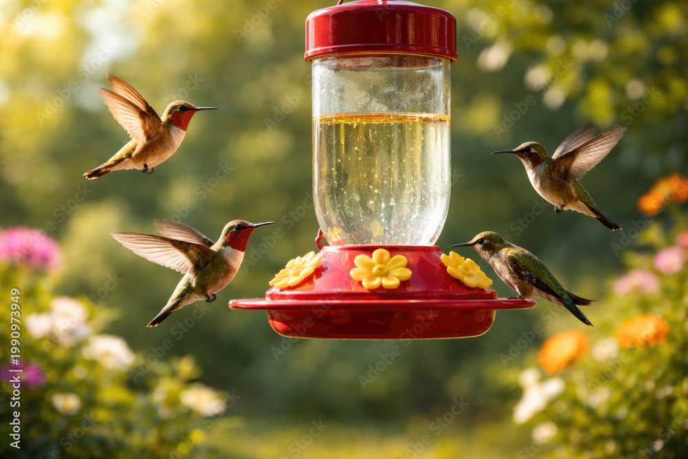 Fototapeta premium Small birds buzzing around a feeder designed for hummingbird snacks on a bright day