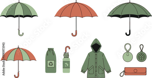 Rainy Season Essentials Set with Umbrellas Raincoat Reusable Bottles Eco Accessories and Weather Protection Items Illustration Collection for Sustainable Lifestyle Design