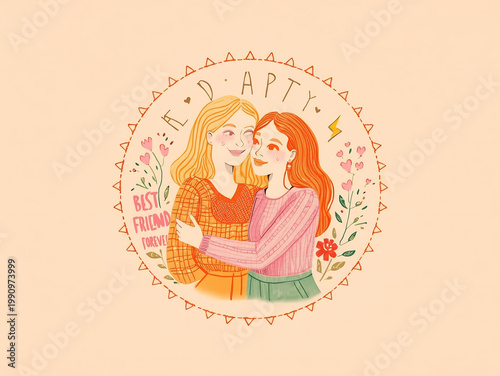 Two Women Embracing, Celebrating Friendship Day Illustration