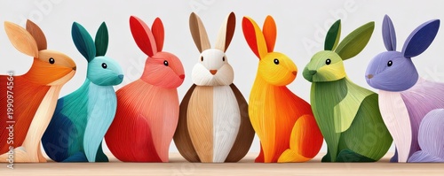 Colorful paper-thread bunnies lined up: decorative Easter rabbits in vibrant handcrafted style