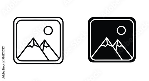 Landscape photo frame icon with mountains in simple flat vector style