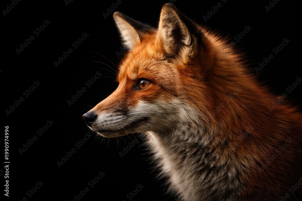 Fototapeta premium Detailed profile shot of a red fox with a black studio background