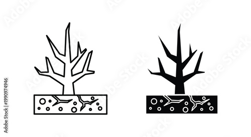Dead tree on cracked dry ground vector icon set for environmental and climate concepts