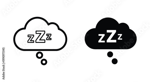 Sleeping cloud with zzz text icon set in minimalist line and solid vector style
