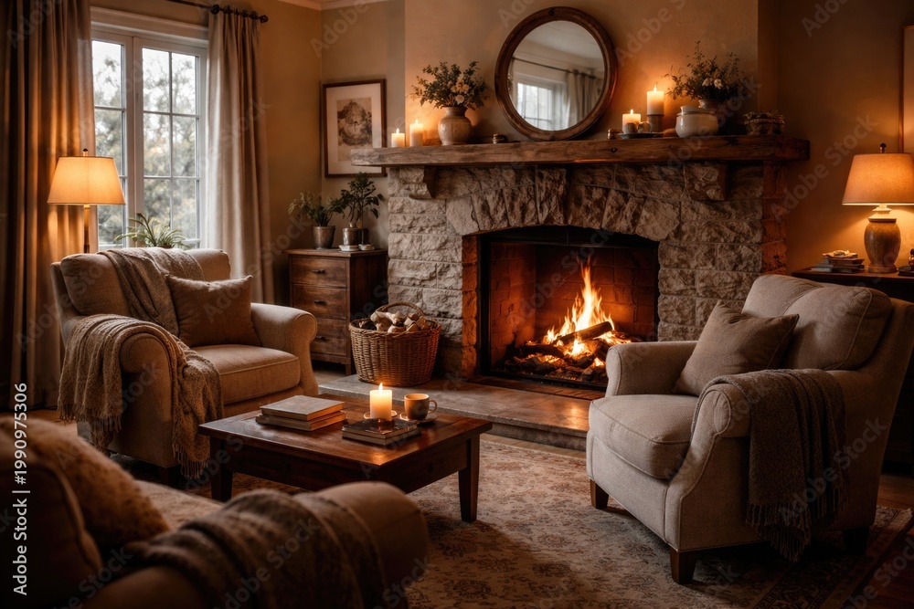 Naklejka premium relaxing sitting room showcasing a crackling fireplace and cozy armchairs