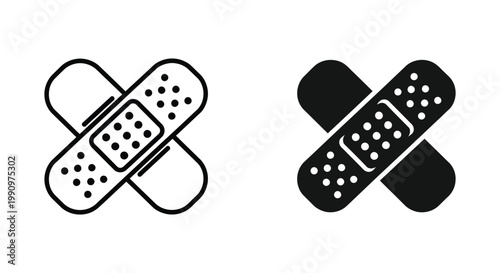 Medical adhesive bandages cross vector icons in line and silhouette style graphics