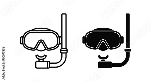 Snorkeling mask and snorkel tube vector icons in line and silhouette style design
