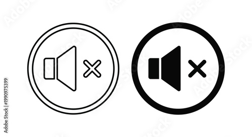 Mute sound or speaker off icon set in outline and solid black vector design style