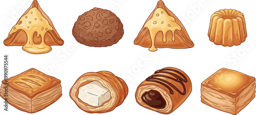 Delicious Assorted Bakery Pastry Collection with Croissant Cookie Puff and Caramel Dessert Flat Vector Illustration Set for Food Design