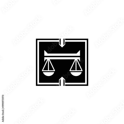 A black and white icon of scales.