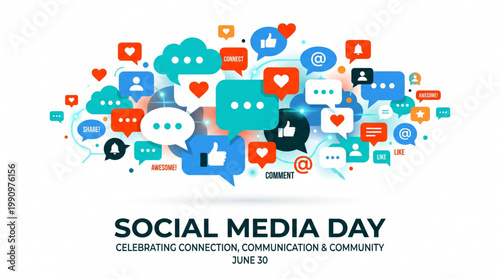 Online community interaction concept showing colorful chat bubbles likes and notifications symbolizing digital connection communication growth designed for marketing campaigns related to social media 