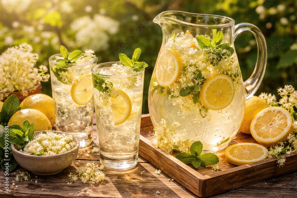 Fototapeta premium Refreshing organic elderflower lemonade with fresh lemons and mint in a cozy summer setting