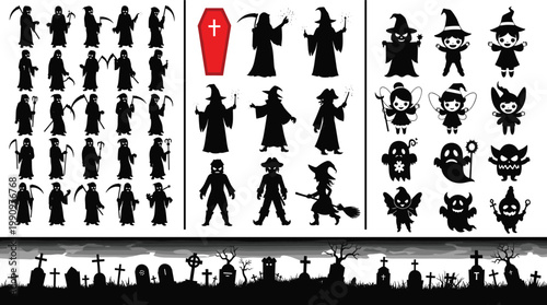 Spooky Halloween Silhouette Mega Set with Grim Reaper Witch Ghost Fairy Coffin and Graveyard Flat Vector Illustration Collection Design