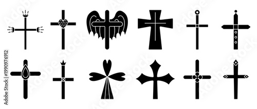 Christian crosses, monochrome black icon set. Decorative sign collection, different isolated religious symbols, christianity various cliparts