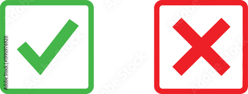A pair of simple square icons featuring a green check mark and a red cross on white background Vector
