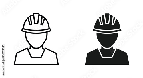 Construction worker icon set with hard hat in linear and solid black vector design style