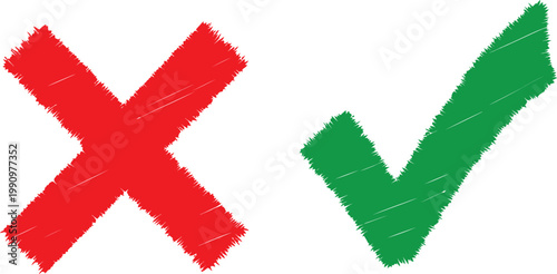 A red x and a green checkmark symbol presented side by side on a plain white background surface. Vector