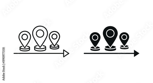 Location pin timeline icon set showing path progression in linear and solid vector art